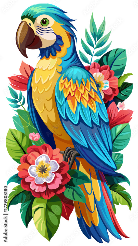 Fototapeta premium Vibrant macaw parrot sitting in a beautiful display of tropical flowers
