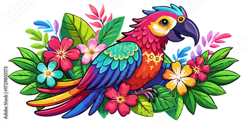Vibrant cartoon parrot surrounded by tropical leaves and bright exotic flowers