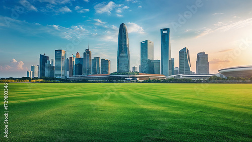 Business center skyscrapers with green grass foreground modern city skyline real estate concept