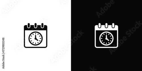 Black and White Calendar Clock Icon on Opposite Backgrounds, Time Management