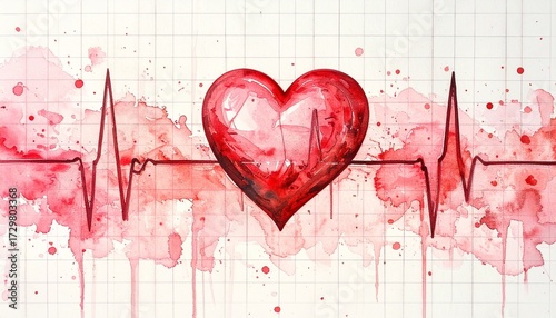 Watercolor heart pierced by ECG line—splashes of red and pink on faint grid—evokes crafted vitality, symbolic emotion, and the rhythm of life, fragility, and expressive pulse.