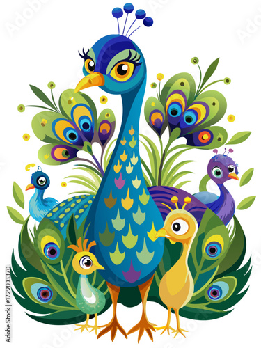 Cartoon peacock family with bright plumage and decorative leafy background illustration