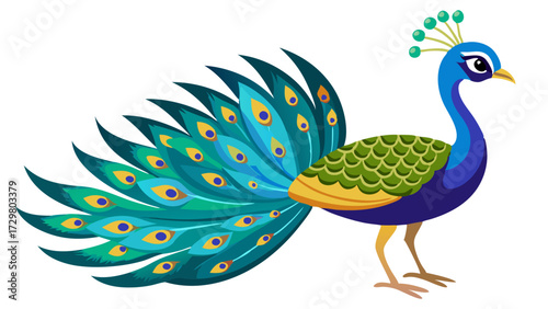 Stylized peacock with vibrant blue, green, and yellow feathers on white background