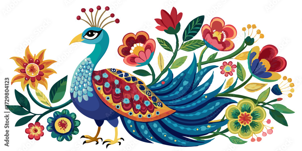 Fototapeta premium Colorful peacock surrounded by flowers creating a whimsical and vibrant illustration