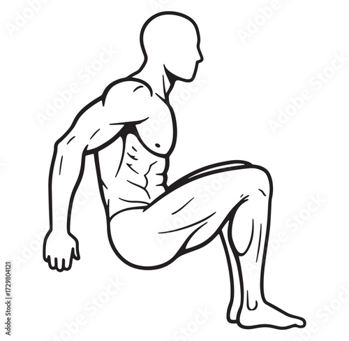 Outline drawing of muscular man doing bench dips bodyweight exercise in silhouette style