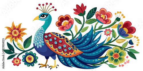 Colorful peacock surrounded by flowers creating a whimsical and vibrant illustration