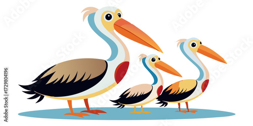 Cartoon Illustration of a Family of Pelicans Standing on a Blue Surface