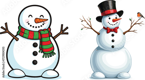 Two snowman characters with scarf, hat, bow tie, carrot nose, winter bird, festive holiday cartoon, Christmas illustration, seasonal decoration design