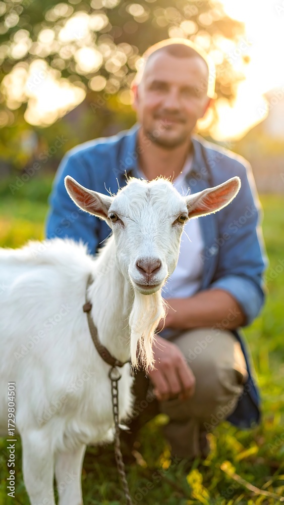 Obraz premium A man and a goat in a field at sunset