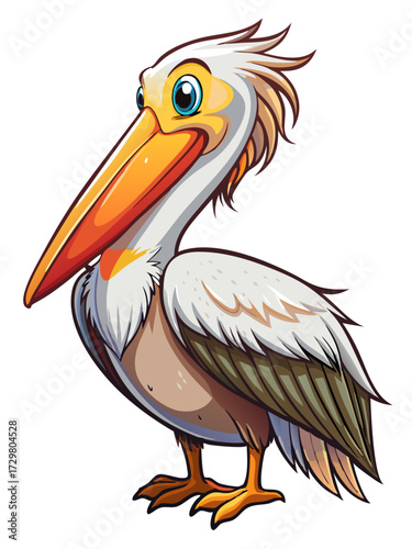 Illustration of a Cartoon Pelican with White Feathers and Orange Beak