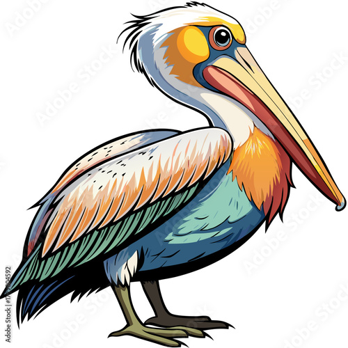 Colorful depiction of a pelican with prominent beak standing in profile