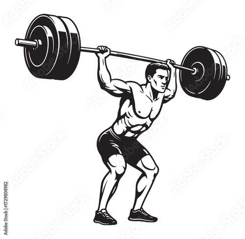 Powerful weightlifter performing an overhead squat with a heavy barbell in monochrome style
