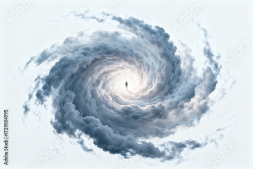 Aerial view of a swirling storm cloud formation with a central eye