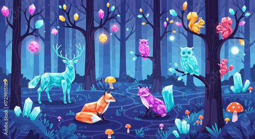 Polygonal Animals in Enchanted Forest: Deer, Foxes, Squirrels, and Owls