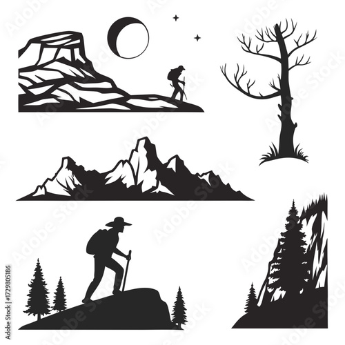 Silhouette illustration showcasing a hiker amidst mountains, trees, and celestial elements, capturing the essence of nature exploration under the moonlight