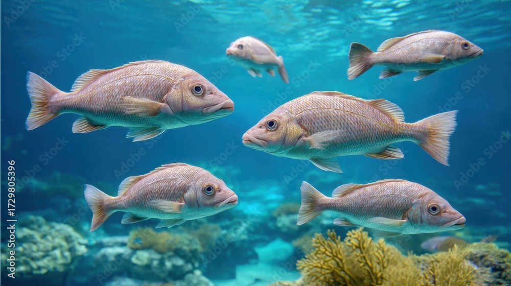 Naklejka premium Underwater Scene with Schools of Fish Swimming Gracefully in Blue Ocean Waters Near Coral Reefs and Marine Life in Natural Habitat