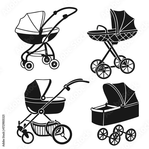 Collection of baby strollers, showcasing various designs and styles for transporting infants and toddlers, perfect for parenting and childcare themes