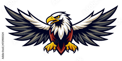 Stylized American Bald Eagle with Spread Wings, Detailed Feather Illustration