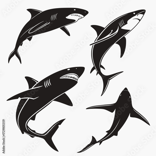 A captivating silhouette illustration showcases a group of sharks in various dynamic poses, , capturing the essence of marine life and underwater adventures