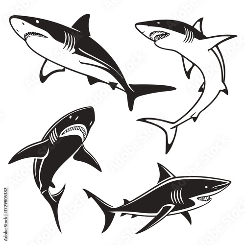 Set of monochrome shark illustrations collection of dangerous sea predators in different poses vector illustration for tattoo, emblem or print design