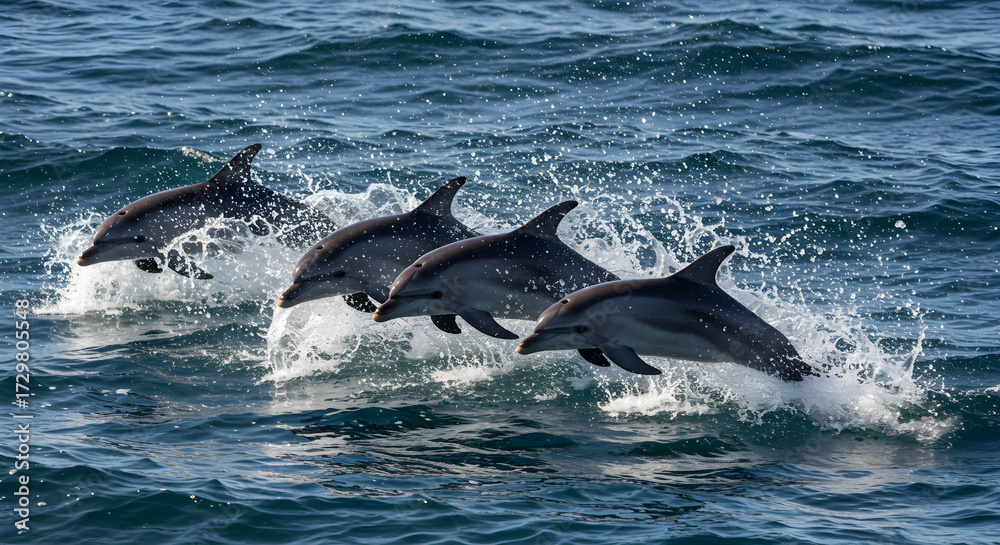 Fototapeta premium Group of Dolphins Jumping and Splashing in the Ocean Creating Dynamic Motion and Energy Scene