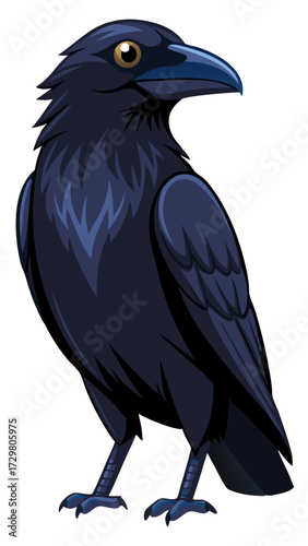 Stylized Illustration of a Raven with Detailed Feathers and a Golden Eye
