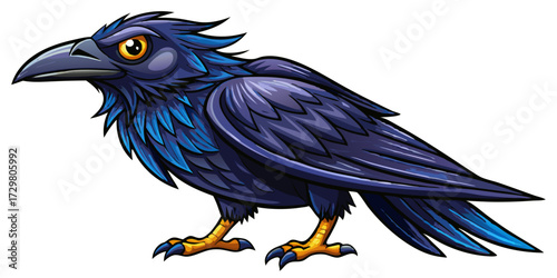 Detailed cartoon drawing of a majestic raven with bright golden eyes