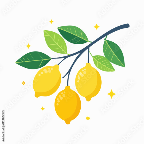 Stylized Illustration of Lemons on a Branch with Leaves and Decorative Sparkles on White Background