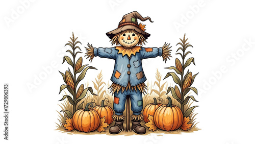 Cute Scarecrow with Pumpkins and Corn Stalks on White Background.