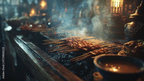Close-up of Sizzling Skewers on a Smoky Street Food Grill at Night, Warm Ambiance.