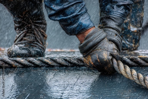 Close-Up of Sailors Hand Gripping Thick Rope, Wet Boots, Harsh Conditions.