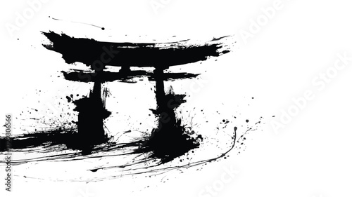 Abstract ink brush illustration of Japanese torii shrine gate in grunge style