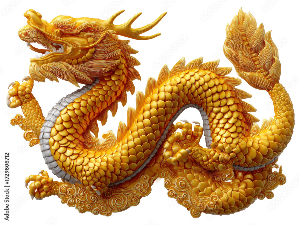 Fototapeta premium Golden Dragon: A majestic golden dragon, symbolizing power and good fortune, poses in front of the viewer. Capturing intricate details and representing the rich cultural heritage.