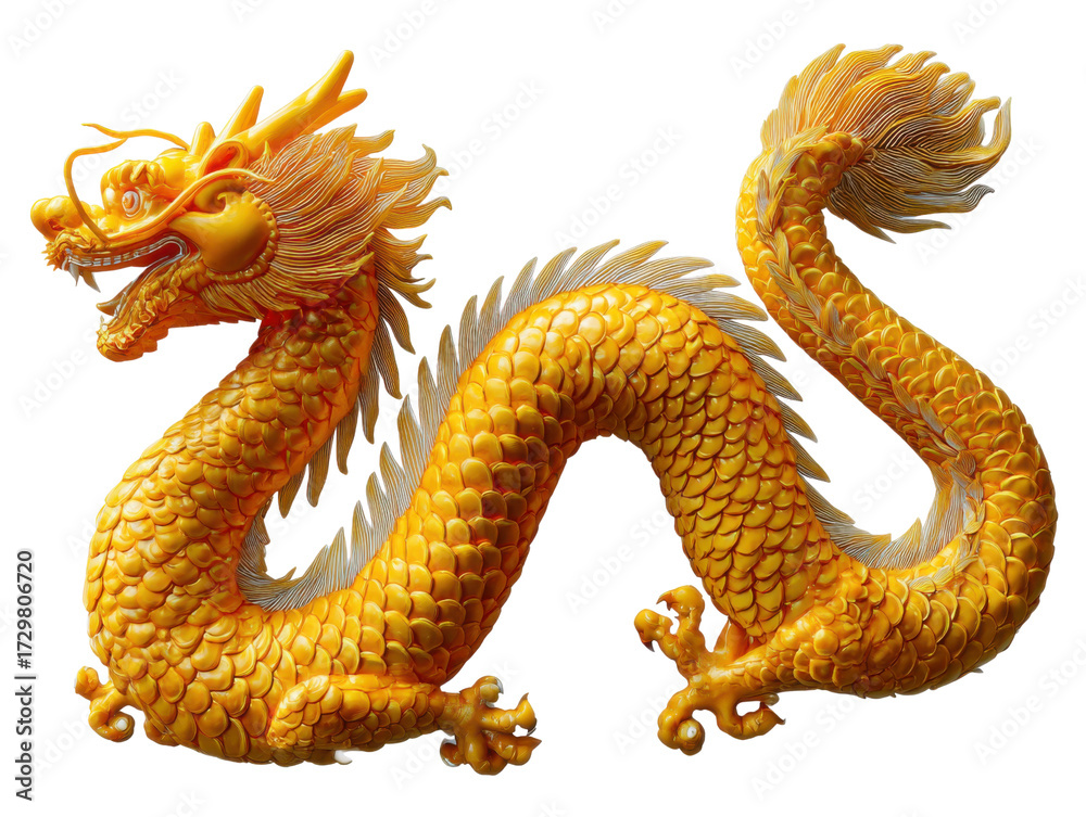 Fototapeta premium Golden Mythical Dragon: A vibrant, gold-hued, fantastical dragon winds gracefully, showcasing its mythical scales, majestic form, embodying power and fantasy.