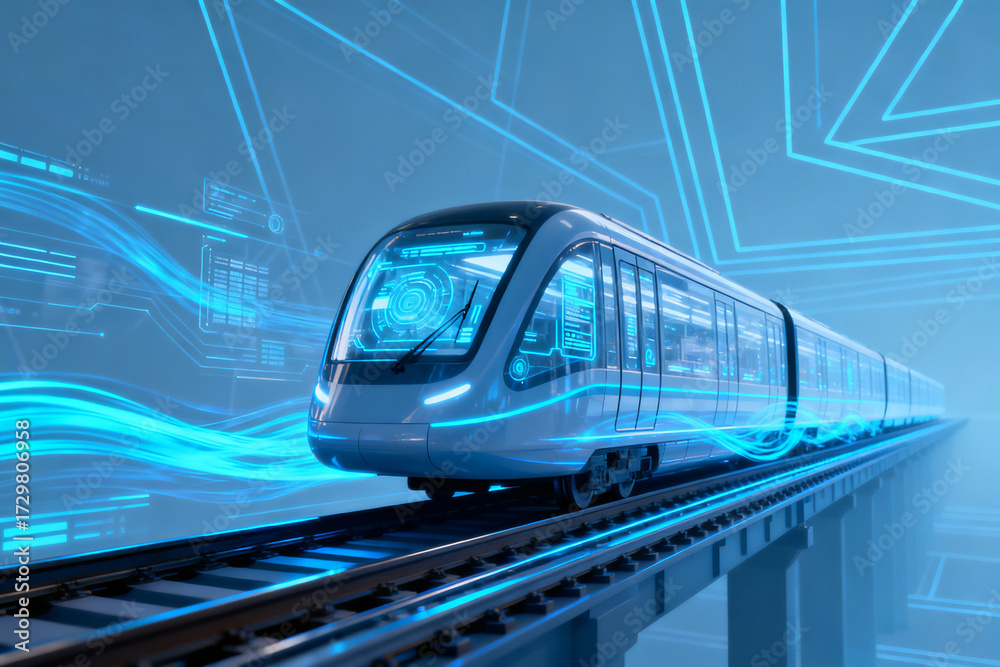 Naklejka premium Futuristic high-speed train on elevated track with digital blue energy effects