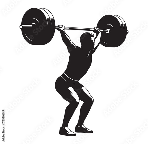 Silhouette of a weightlifter performing an overhead barbell squat exercise in black and white