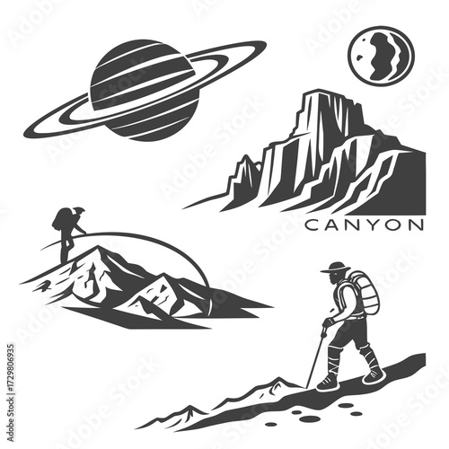 Illustration featuring a hiker on a mountain under saturn and earth, with a canyon landscape, creating a unique blend of adventure and cosmic wonder