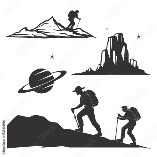 A captivating monochrome illustration showcases hikers exploring a celestial mountain landscape with a planet