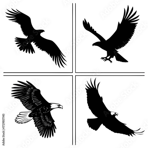 Four eagle silhouettes, showcasing various poses of these majestic birds in flight and perched, rendered in high contrast black and white for graphic appeal