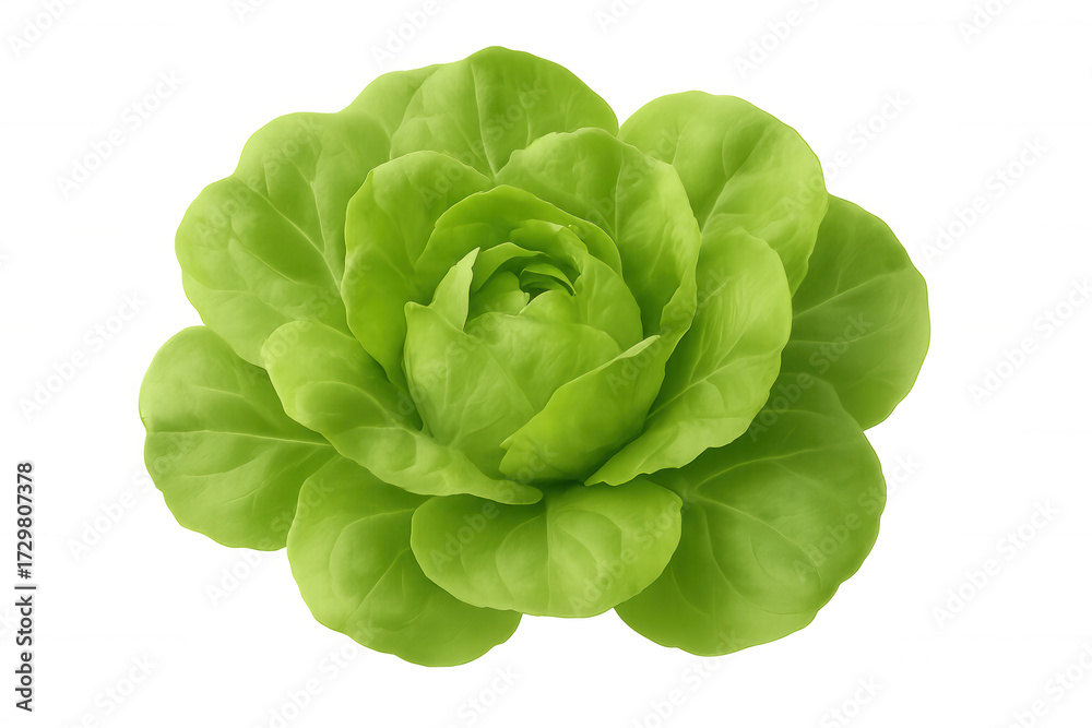 Fototapeta premium Fresh butterhead lettuce, full head, with vibrant green leaves, promoting healthy eating and vegan nutrition