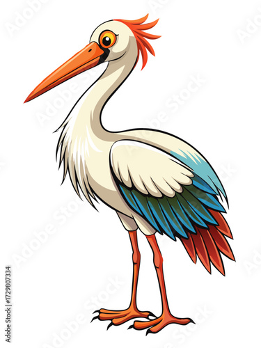 Whimsical cartoon illustration of a standing stork with colorful plumage