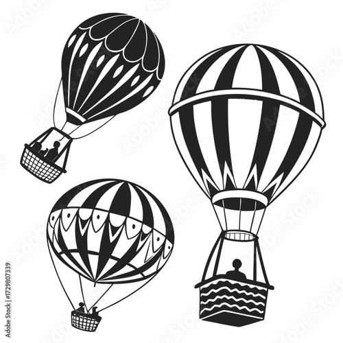 Three vintage hot air balloons, each with unique patterns and designs, evoke a sense of adventure and nostalgia, perfect for travel or whimsical themes