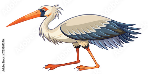 Cartoon White Stork with Orange Beak Standing isolated on White Background