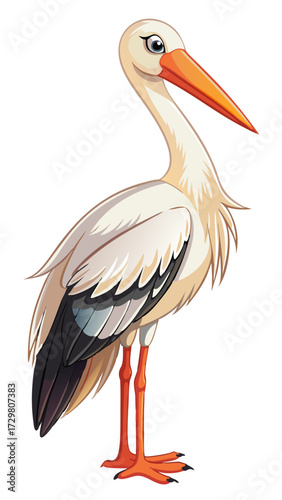 Stylized stork standing with neutral expression and orange beak on white background