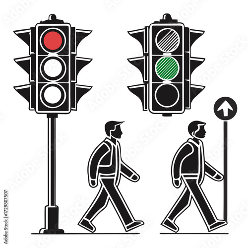 Illustration of various traffic signals with pedestrians, including a red light and a green light, indicating when it is safe to cross