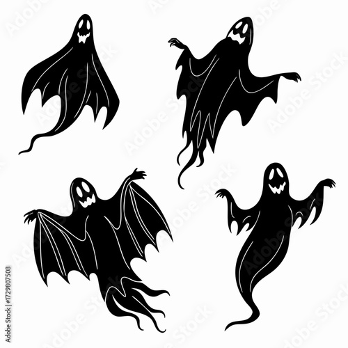 Collection of four spooky ghost silhouettes, perfect for halloween decorations, party invitations, or ghostly themed designs, adding a touch of eerie fun