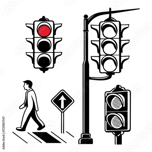 Traffic lights and pedestrian crossing a vector illustration featuring traffic signals, a pedestrian crossing, and a person walking, representing urban infrastructure