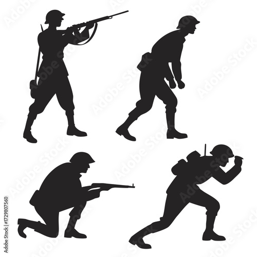 Silhouettes of soldiers in various poses the image captures the intensity and focus of military personnel in action, conveying a sense of duty and readiness