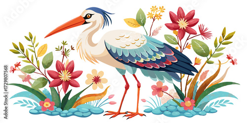 Elegant Stork Surrounded by Vibrant Flowers and Lush Greenery Illustration