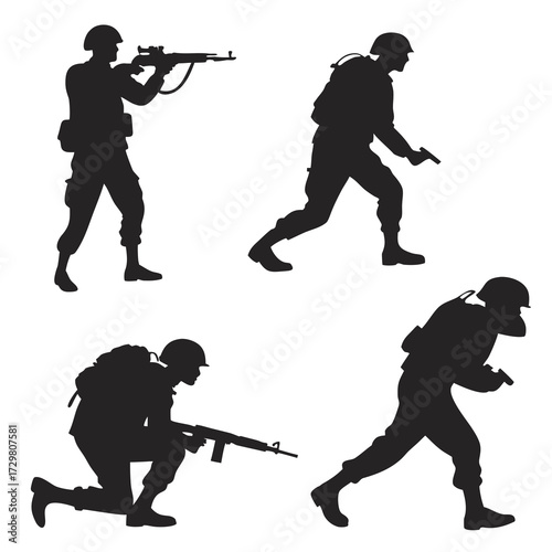 Silhouettes of soldiers in various poses the image captures the intensity and focus of military personnel in action, conveying a sense of duty and readiness